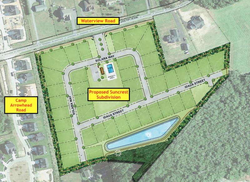 The proposed Suncrest subdivision would contain 41 lots on an 18-acre parcel off Camp Arrowhead Road along Waterview Road. DAVIS, BOWEN, FRIEDEL GRAPHIC